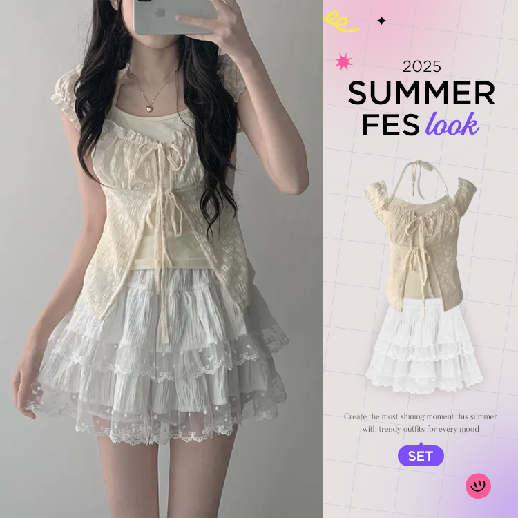 ツーピース 【SUMMER♥フェスコーデセット】キャミ付きリボンブラウス+レースミニスカート
